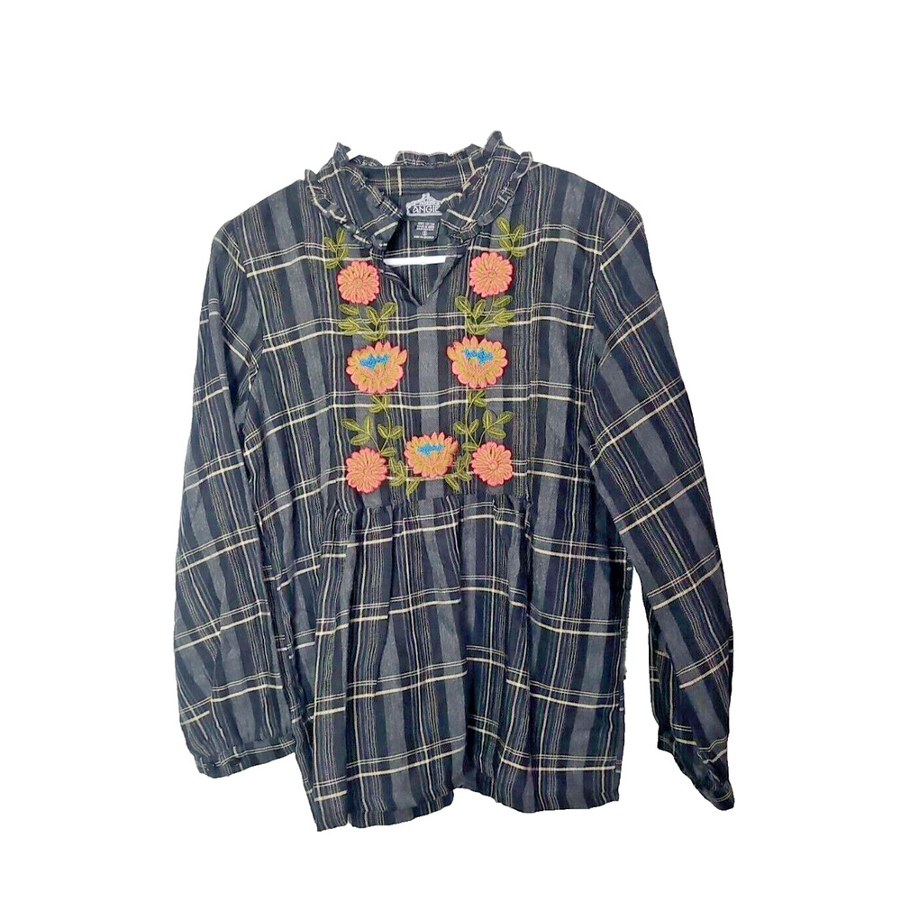 Angie Embroidered Plaid Blouse Women Small Black Floral Babydoll Ruffle Top Boho